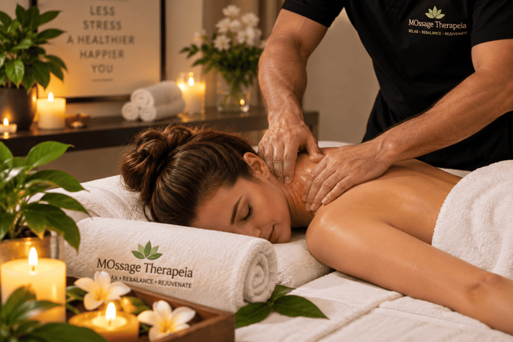 Client receiving massage for neck and shoulder tension